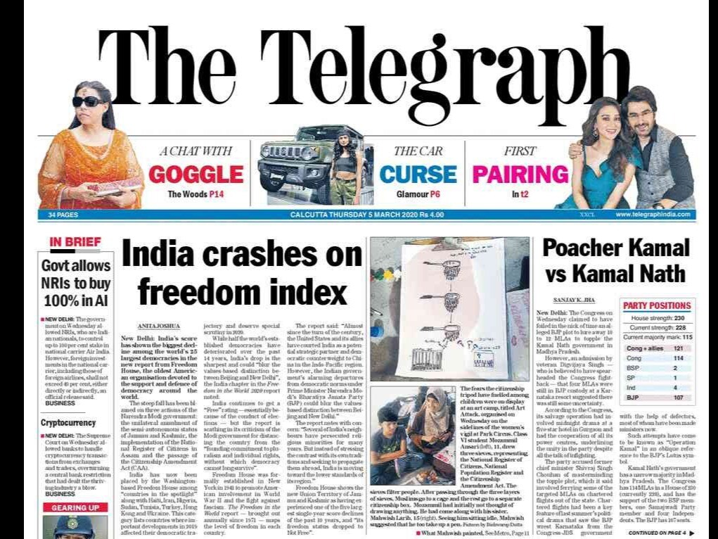 India's score has shown the biggest decline among the world's 25 largest democracies in the new report from Freedom House, the oldest American organisation devoted to the support and defence of democracy around the world. The Congress on Wednesday claimed to have foiled in the nick of time an alleged BJP plot to lure away 10 to 12 MLAs to topple the Kamal Nath government in Madhya Pradesh.