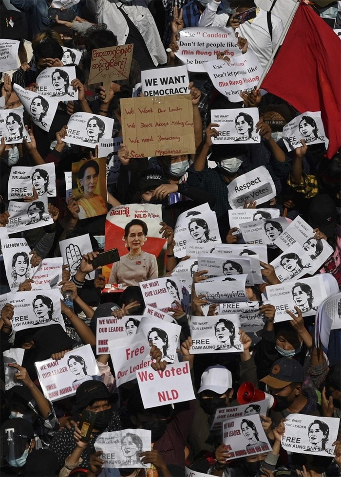 Myanmar leader Aung San Suu Kyi during a demonstration against the military coup in Yangon.