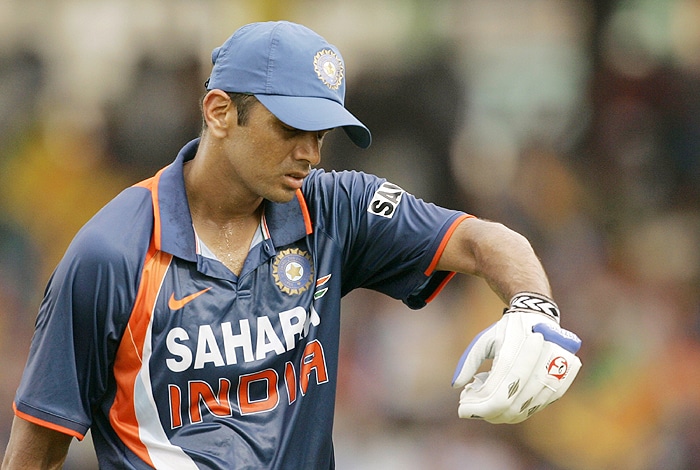 India's Rahul Dravid reacts after being dismissed during the Tri-Nation Championship Trophy final ODI match against Sri Lanka in Colombo on Monday. (AP Photo)