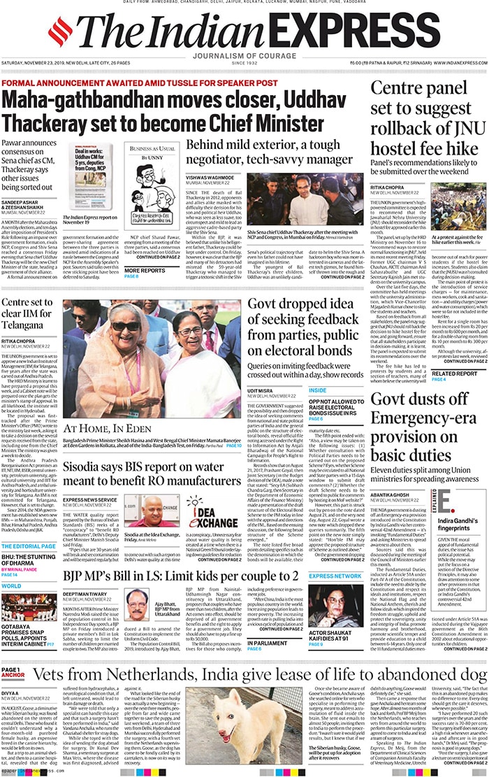 'Maha-gathbandhan moves closer, Uddhav Thackeray set to become Chief Minister', The Indian Express says in its Saturday headline.