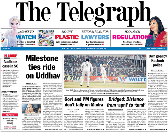 The Telegraph lead story reports on Uddhav Thackeray is poised to be the next chief minister of Maharashtra.