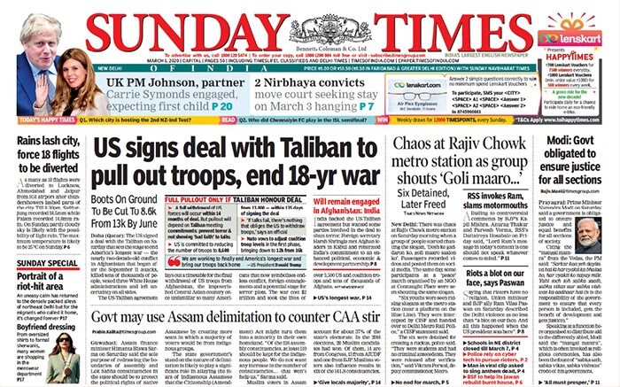 The Times Of India: On Saturday morning, a group of people started chanting the slogan, "<i>Desh ke gaddaron ko, goli maaro saalon ko</i>" near Rajiv Chowk metro station in Delhi. Passengers recorded videos and posted them on social media, The Times Of India reports. India backed the US-Taliban agreement but wanted some parties involved in the deal to shun terror. Foreign secretary Harsh Shringla met Afghan leaders in Kabul and reiterated India's commitment to an enhanced political, economic & development partnership.