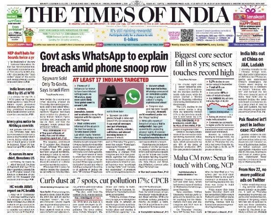 Uddhav Thackeray being firm on his Chief Minister post demand and the centre asking WhatsApp to explain breach amid phone snooping row are  biggest stories on The Times of India.