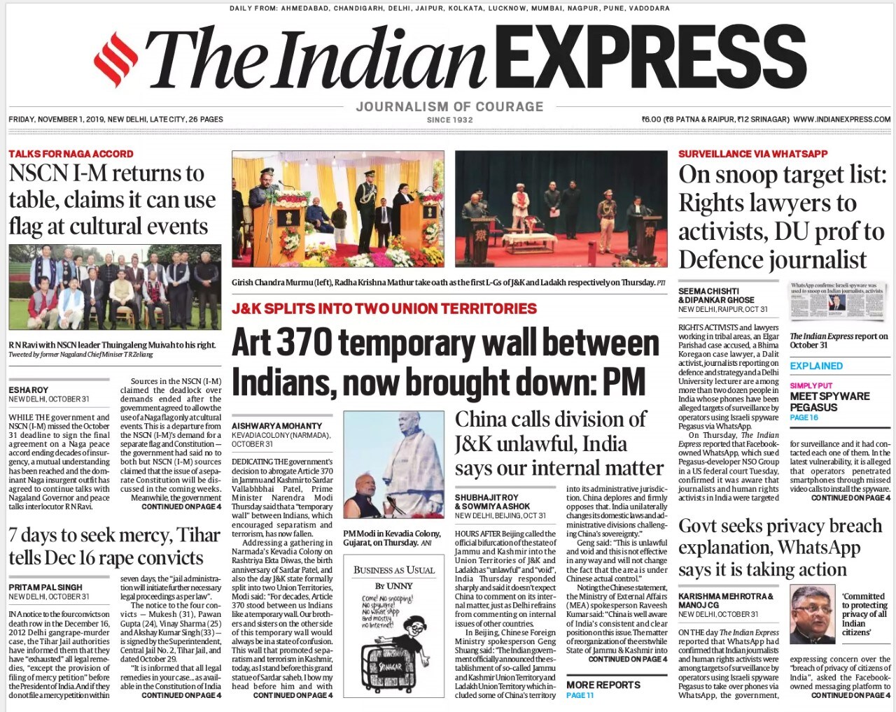 PM Modi saying Article 370-a wall between Indians-now brought down and WhatsApp snooping row were the big stories on The Indian Express.