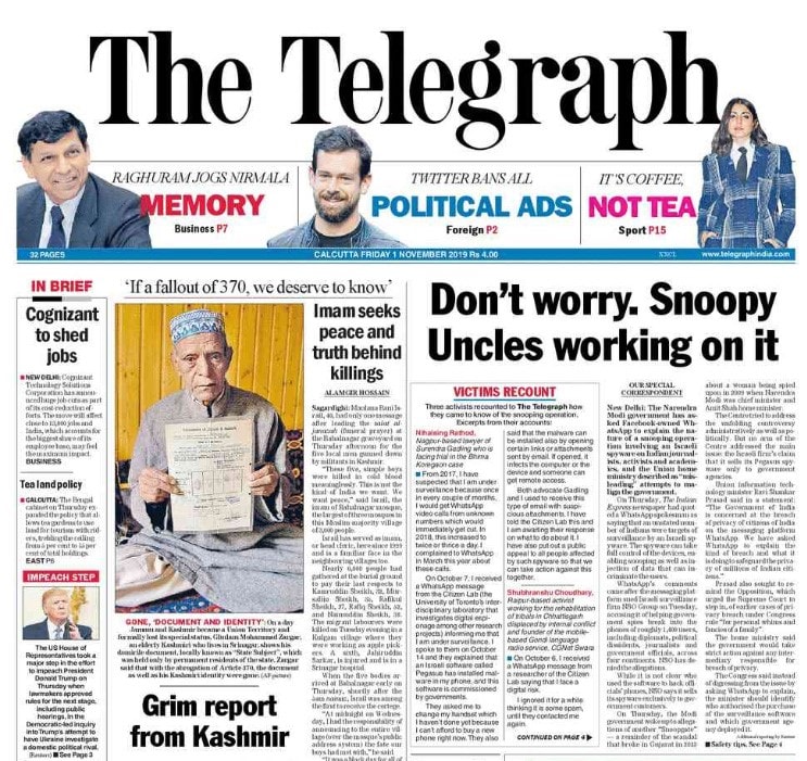 Pakistan train fire, Jammu and Kashmir's official division into two union territories and Cognizant shedding jobs are some of the big stories on The Telegraph.