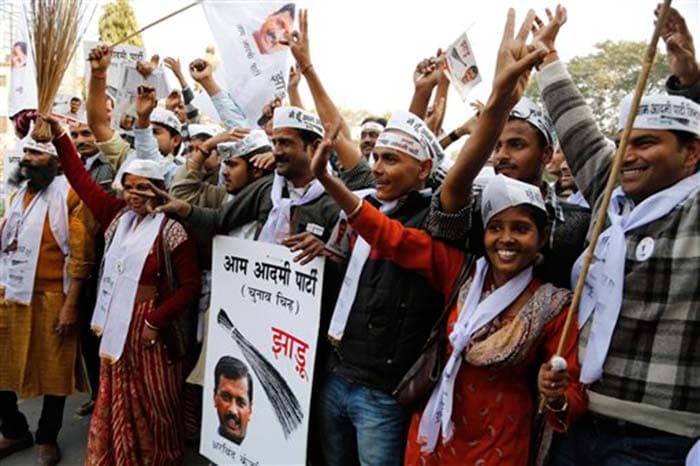 Aam Aadmi Party supporters in a celebratory mood.