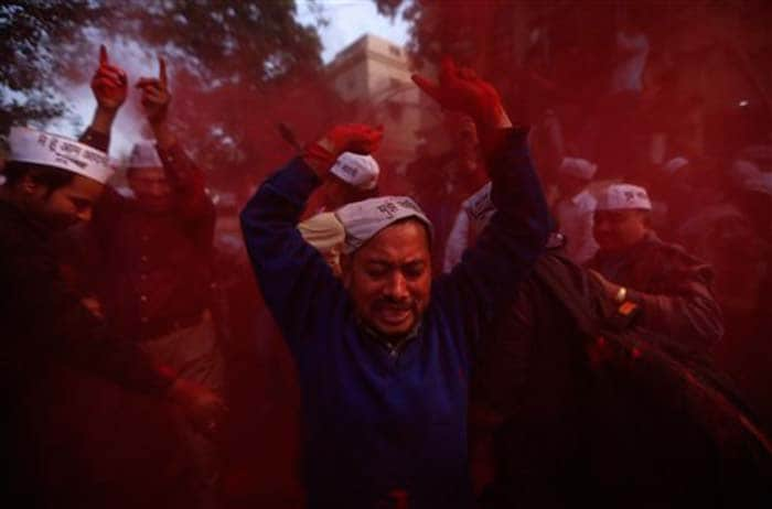 Aam Aadmi Party supporters in a celebratory mood.