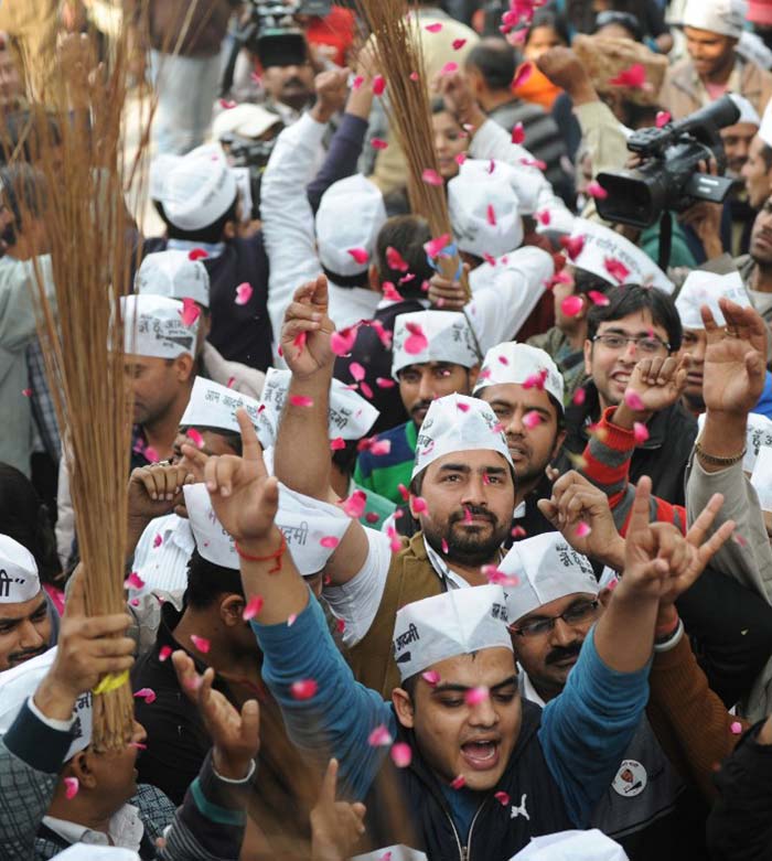 Aam Aadmi Party supporters in a celebratory mood.