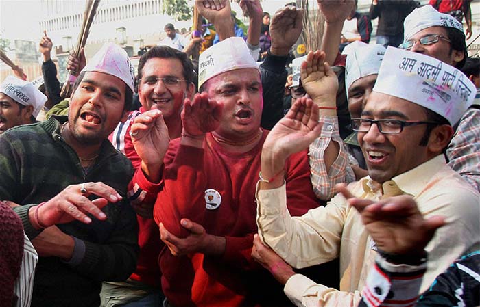 Aam Aadmi Party supporters in a celebratory mood.