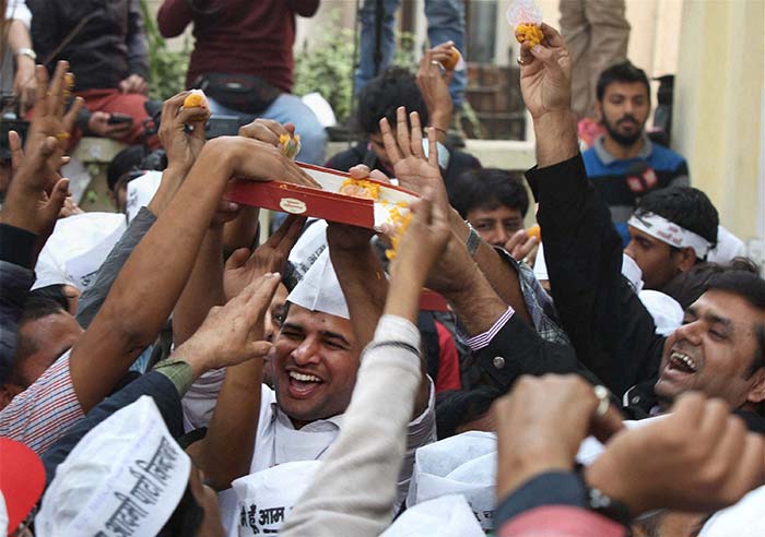 Aam Aadmi Party supporters in a celebratory mood.