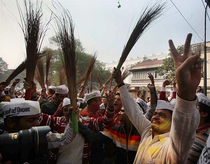 Aam Aadmi Party supporters in a celebratory mood.