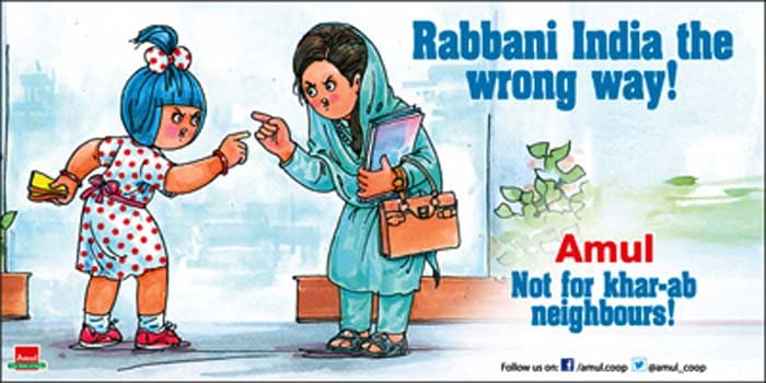 Pakistan's Foreign Minister Hina Rabbani Khar gets rebuked in Amul's this ad for her comment on '<a href="http://www.ndtv.com/article/india/war-mongering-from-across-the-border-says-pakistan-s-foreign-minister-317955">warmongering from across the border</a>'.