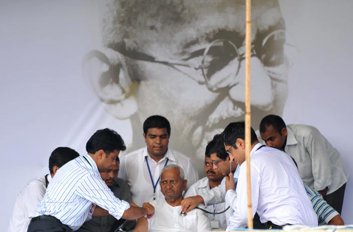 Anna was seen today without his trademark Gandhi <i>topi</i> or cap.