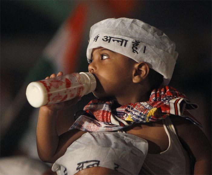 Another young Anna Hazare supporter at the Ramlila Ground. Ahead, images from Day 8 at Ramlila Ground.
