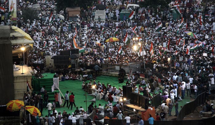 Large numbers of supporters are seen at the Ramlila Ground.