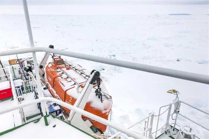 A thin coat of snow covers the deck of the trapped ship Akademik Shokalskiy in East Antarctica on December 29, 2013.