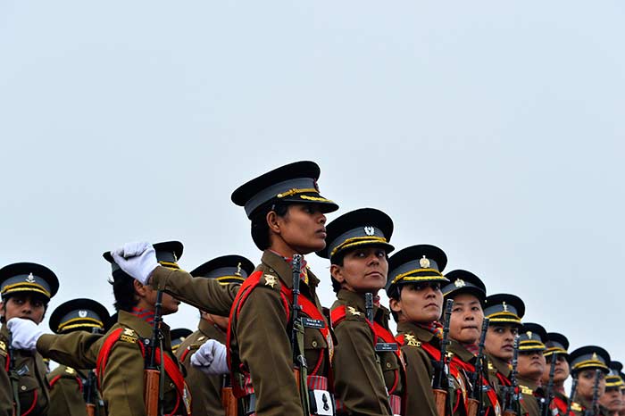 Female Indian Army officers march during the Army Day parade in New Delhi on January 15, 2015.