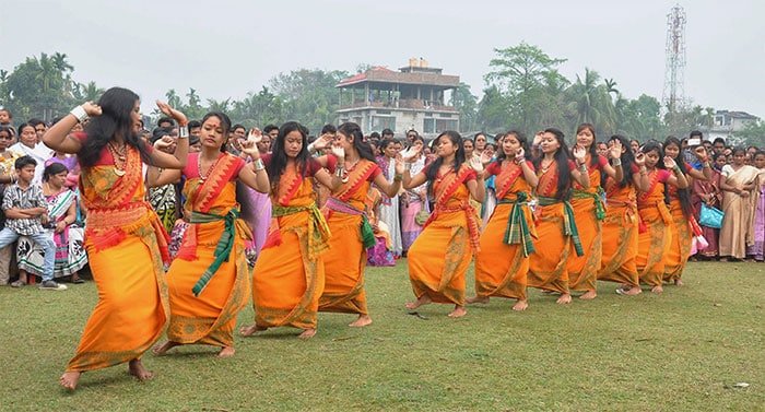 Tribal youth performing traditional Bodo dance during an election campaign of Mrinal Deka an Independent candidate of Rangiya constituency in Kamrup (Rural) district of Assam.