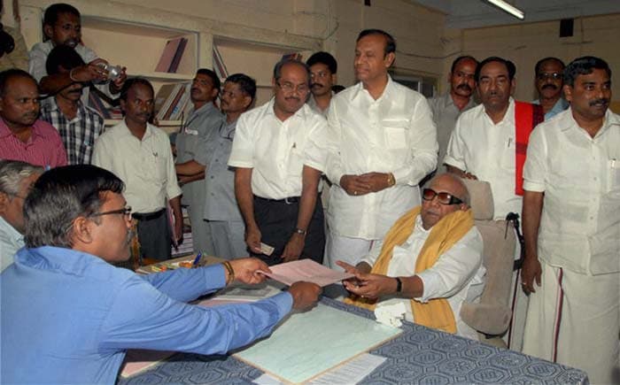 Tamil Nadu Chief Minister M Karunanidhi files his nomination papers for the Tiruvarur assembly seat ahead of the state assembly polls. (PTI Photo)