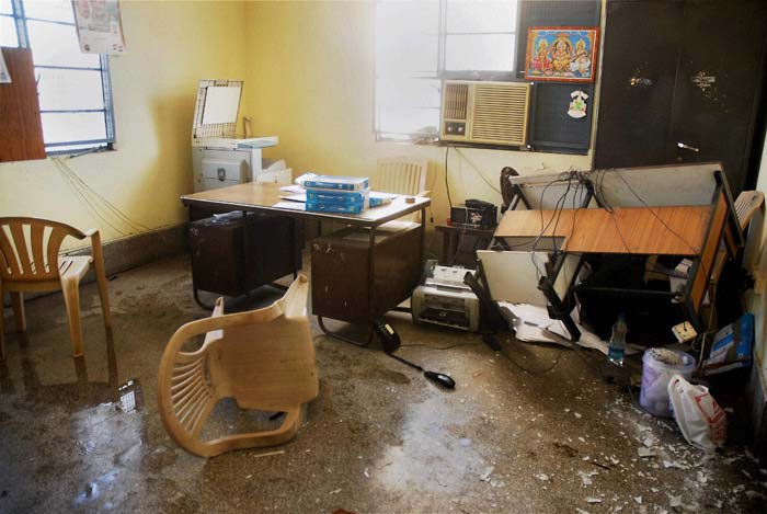 An inside view of the Tamil Nadu Congress Committee office in Chennai destroyed by party workers following a dispute over candidate selection for the upcoming state assembly elections. (PTI Photo)