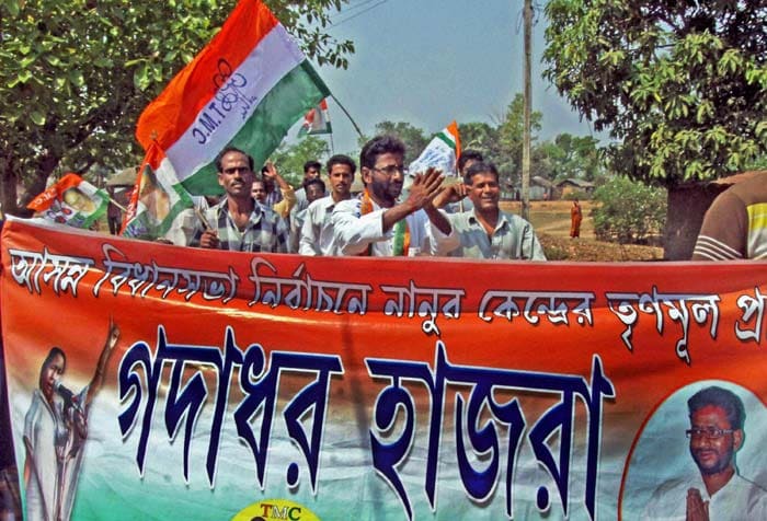Gadadhar Hazra, the Trinamool Congress candidate for the Nanoor LAC seat, takes out a campaign with his supporters in Birbhum for the upcoming West Bengal Assembly elections. (PTI Photo)