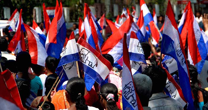 Ramendra Narayan Kalitha, the Asom Gana Parishad (AGP) candidate from West Guwahati, files his nomination papers for the Assam assembly elections as his supporters wave party flags in Guwahati. (PTI)