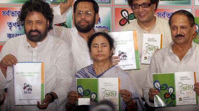 Union Railways Minister and Trinamool Congress chief Mamata Banerjee releases the party's manifesto with party leaders in Kolkata for the upcoming West Bengal assembly elections. (PTI)