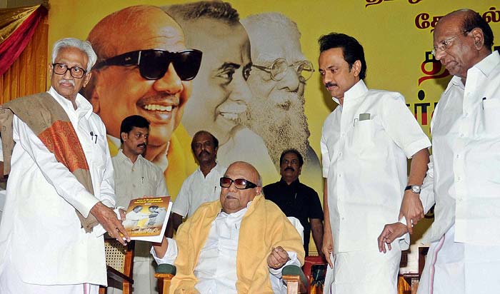 Tamil Nadu Chief Minister and DMK supremo M Karunanidhi releases the party election manifesto in Chennai for the upcoming state assembly elections. Deputy CM MK Stalin and senior leaders are also seen. (PTI)