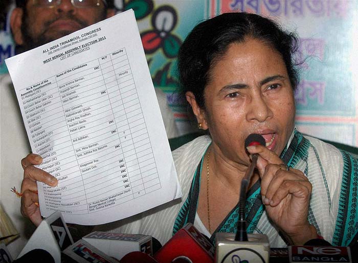 Union Railways Minister and Trinamool Congress chief Mamata Banerjee releases the list of party candidates for the upcoming West Bengal assembly elections in Kolkata. (PTI)