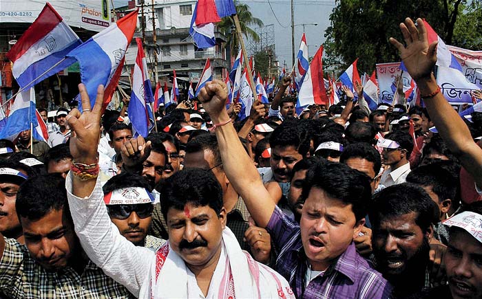 Monoj Saikia, the Asom Gana Parishad (AGP) candidate from the Jalukbari constituency, proceeds to file his nomination papers in Guwahati with his supporters for the upcoming Assam assembly elections. (PTI)