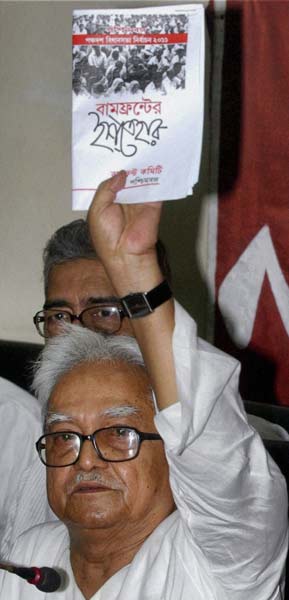 Left Front chairman Biman Bose releases the Front's manifesto in Kolkata for the upcoming West Bengal assembly elections. (PTI)