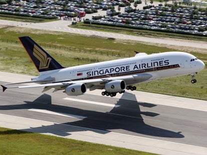 Singapore Airlines A-380 takes off.