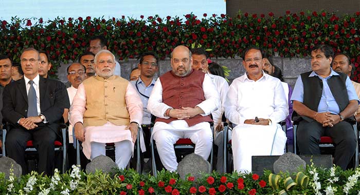 Prime Minister Narendra Modi along with BJP President Amit Shah and Union Ministers Venkaiah Naidu and Nitin Gadkari at the swearing-in ceremony at Wankhede stadium in Mumbai(Credit: Press Information Bureau)