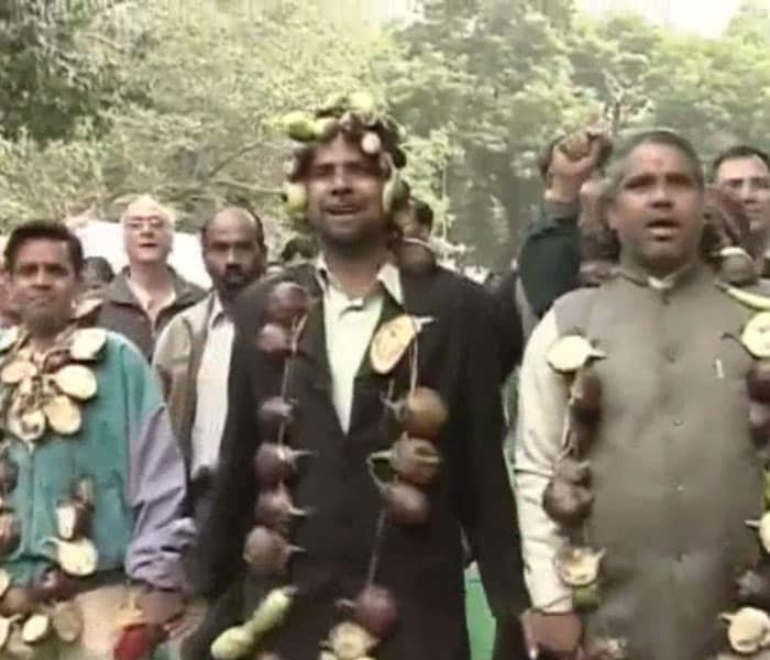 Party workers converged at Jantar Mantar, the capital's dharna hotspot, armed with party flags and posters and wearing garlands of vegetables raising slogans against Prime Minister Manmohan Singh, Congress chief Sonia Gandhi and Agriculture Minister Sharad Pawar.(NDTV photo)