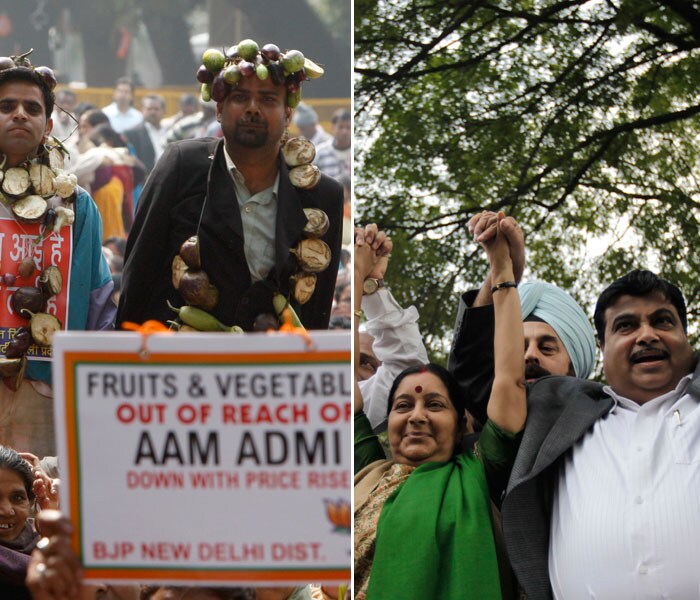 The BJP took to the streets against price rise with senior party leaders like Nitin Gadkari and Sushma Swaraj addressing hundreds of supporters in Delhi and taking on the Centre on the issue. (AP photo)