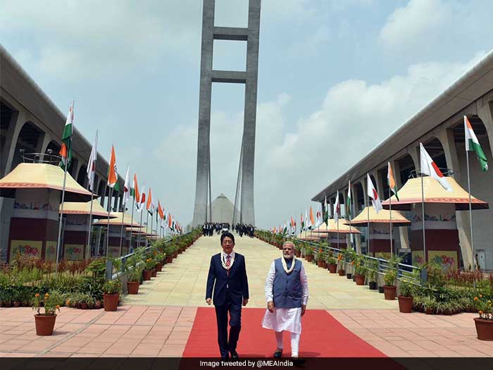 Japan PM Shinzo Abe and PM Narendra Modi at Mahatma Mandir before their talks earlier today.