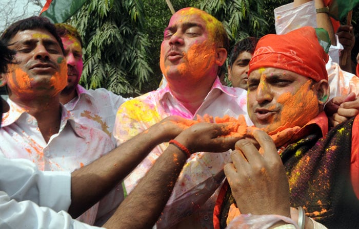 Holi has come two days early Samajwadi Party workers in New Delhi.