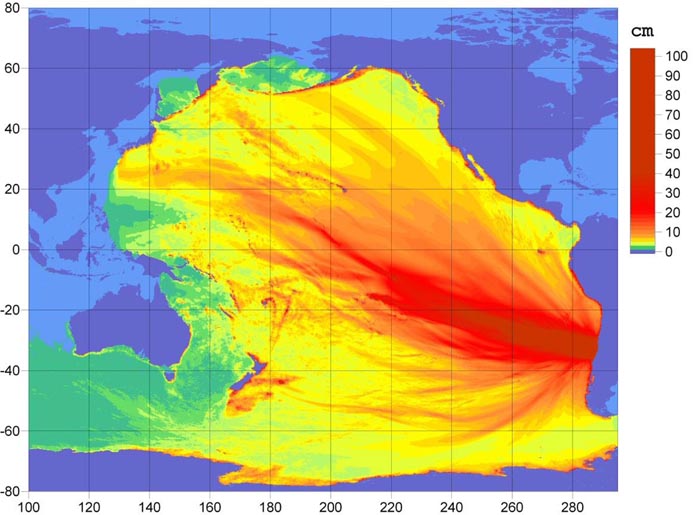 This image obtained from the National Oceanic and Atmospheric Administration (NOAA) shows a model of the preliminary forecast of the tsunami triggered by the 8.8 eartquake in Chile. The model shows waves of up to one meter travelling across the Pacific Ocean. (AFP)