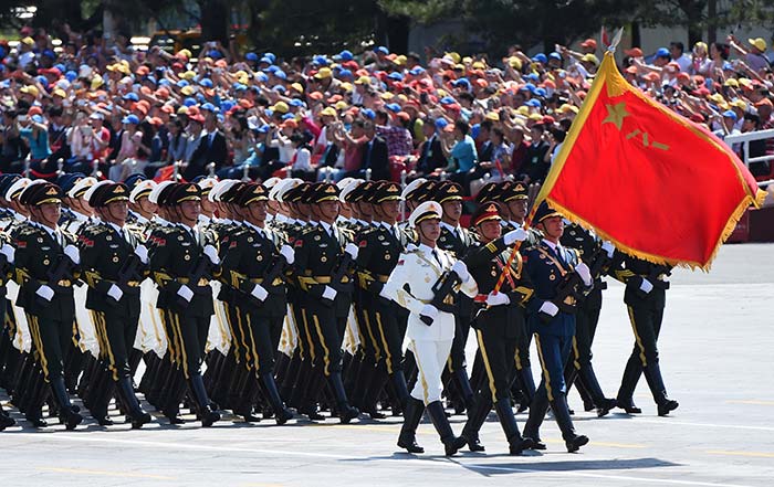 Soldiers march in a military parade in Tiananmen Square in Beijing to mark the 70th anniversary of victory over Japan and the end of World War II.