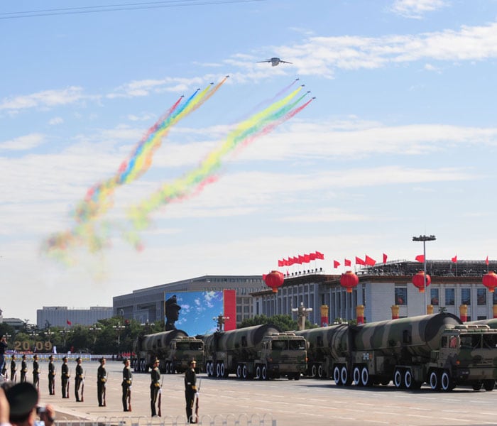 <p>Various aircrafts from the Chinese People's Liberation Army (PLA) airforce perform a fly pass during the National Day parade in Beijing on October 1, 2009. China formally kicked off mass celebrations of 60 years of communist rule with a 60-gun salute that rung out across Beijing's historic Tiananmen Square. AFP PHOTO</p>
<a class="text2bold_link" href="http://www.ndtv.com/convergence/ndtv/new/NDTV-Show-Special.aspx?ID=362">China at 60: Live Blogs</a>