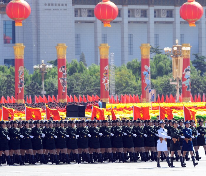 <p>Chinese People's Liberation Army (PLA) women soldiers march past during the National Day parade in Beijing on October 1, 2009. President Hu Jintao called for even stronger armed forces as China flexed its muscles in a National Day parade, but experts said the PLA's marching skills might exceed actual fighting ability. AFP PHOTO</p>
<a class="text2bold_link" href="http://www.ndtv.com/convergence/ndtv/new/NDTV-Show-Special.aspx?ID=362">China at 60: Live Blogs</a>