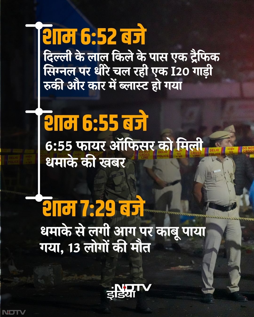 जानकारी के मुताबिक शाम 6 बजकर 50 मिनट के आसपास एक सिग्नल पर आई20 कार आकर रुकी और कार में जोरदार ब्लास्ट हो गया
