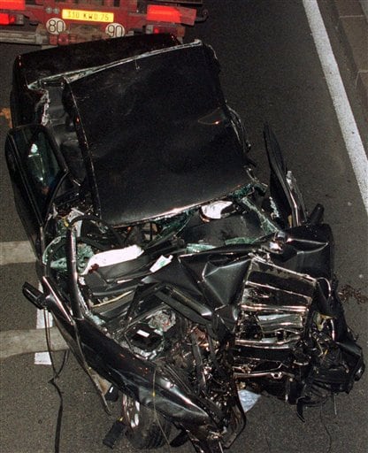 The Crash: The wrecked car in which Princess Diana died, in this Sunday Aug. 31, 1997 file photo. The car crash also killed her companion Dodi Fayed and the chauffeur. The crash happened shortly after midnight in a tunnel along the Seine River.