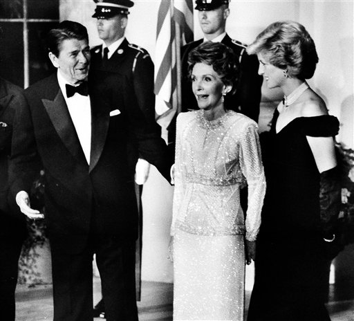 The First Dinner: US President Ronald Reagan and first lady Nancy Reagan welcome Diana, Princess of Wales, right, during a dinner in honor of the Prince and Princess at the White House in Washington, D.C.