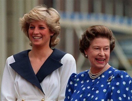 In Happier Times: Diana, Princess of Wales, left, and Britain's Queen Elizabeth II smile to well-wishers outside Clarence House, London.