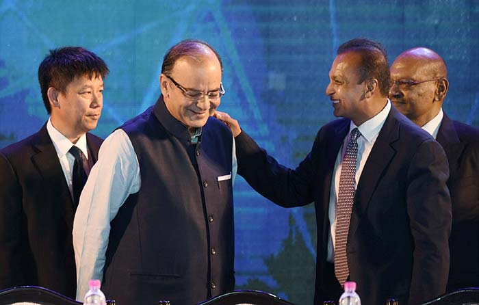 Finance Minister Arun Jaitley with Reliance ADAG Chairman Anil Ambani.