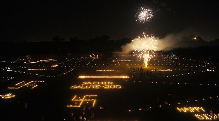 Fireworks and light decorations, lit by athletes with some ornaments paying homage to Indian cricketer Sachin Tendulkar, pictured at the Madan Mohan Malaviya Stadium on the eve of Diwali in Allahabad, Uttar Pradesh.