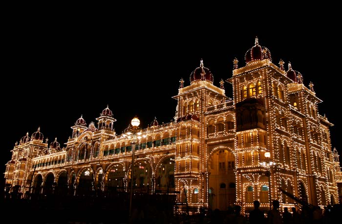 Around 96,000 electric bulbs illuminate the Mysore Palace as part of the celebrations on Dusshera.