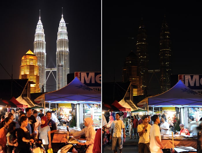 This picture shows a view of Malaysia's landmark Patronas Twin Towers is seen before (L) and during lights out (R) for Earth Hour in Kuala Lumpur. (AFP Photo)