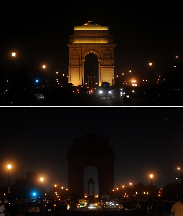 Now in its fourth year, Earth Hour promises to be the biggest ever, organisers said, with thousands of cities and towns in 125 countries - 37 more than last year - pledging to take part following last year's failed climate talks. <br/><br/>This photo shows the landmark India Gate, with lights switched on (top) and the lights turned off (below), as part of Earth Hour in New Delhi on March 27, 2010. (AFP Photo)